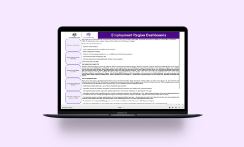 Picture of a laptop showing the welcome page of the employment regions PowerBI dashboard